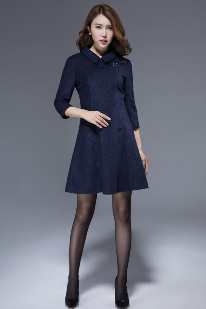 Navy Wool Dress – Handmade Short A-Line Autumn Outfit