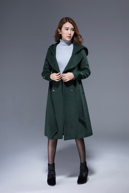 Vintage Wool Coat for Women – Handmade Green Double Breasted Hooded Belted Winter Coat | Xiaolizi 1822