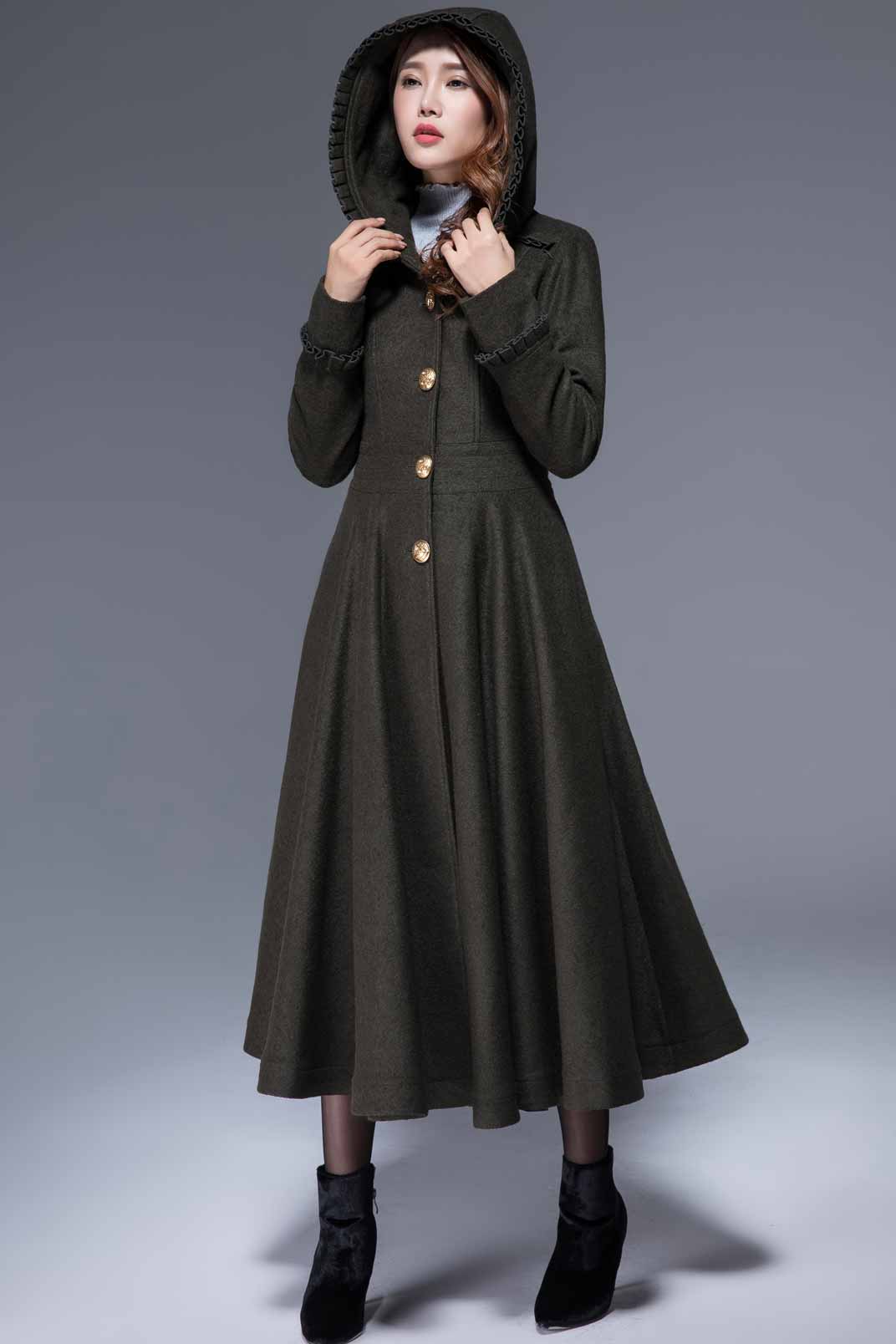 Army green fit and flare romantic wool coat 1823#