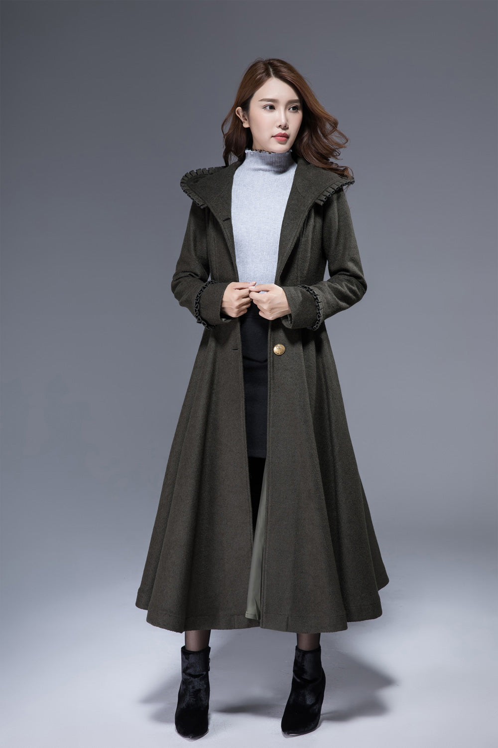 Army green fit and flare romantic wool coat 1823# – XiaoLizi