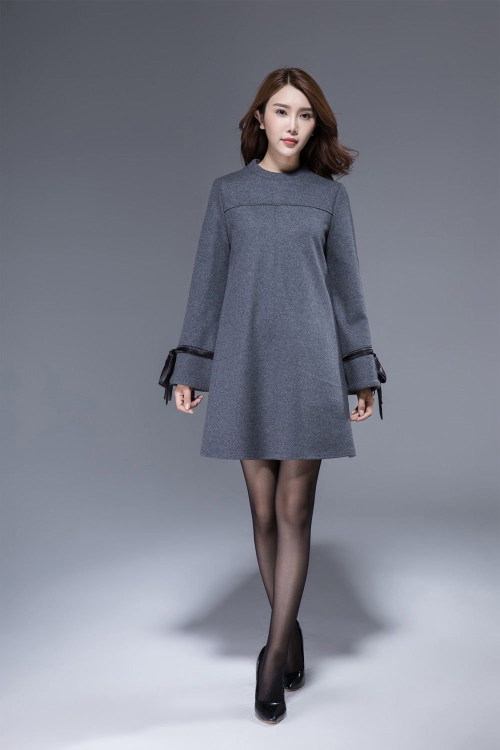 Dark Gray Wool Mini Dress - Bell Sleeves & Pockets