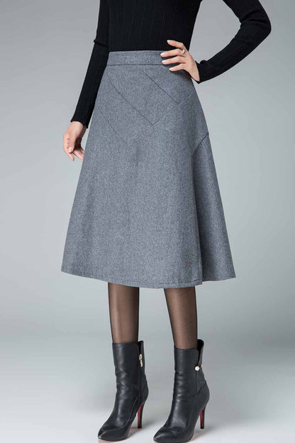 Gray Wool A-Line Skirt - Seam Detail Banded Waist | Xiaolizi 1832