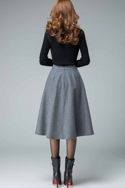 Gray Wool A-Line Skirt - Seam Detail Banded Waist | Xiaolizi 1832