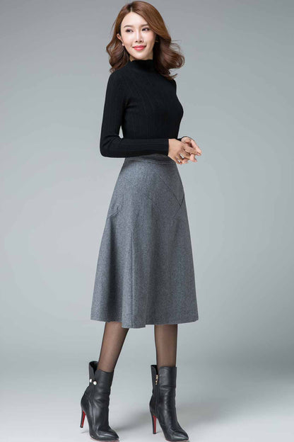 Gray Wool A-Line Skirt - Seam Detail Banded Waist | Xiaolizi 1832