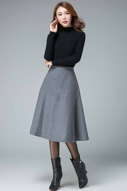 Gray Wool A-Line Skirt - Seam Detail Banded Waist | Xiaolizi 1832