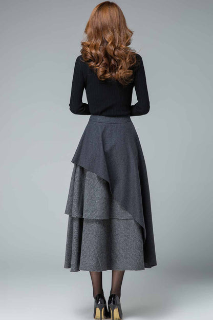 Gray Wool Layered Midi Skirt - Asymmetric Elegant Winter Wear 5409