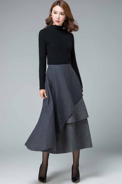 Gray Wool Layered Midi Skirt - Asymmetric Elegant Winter Wear 5409