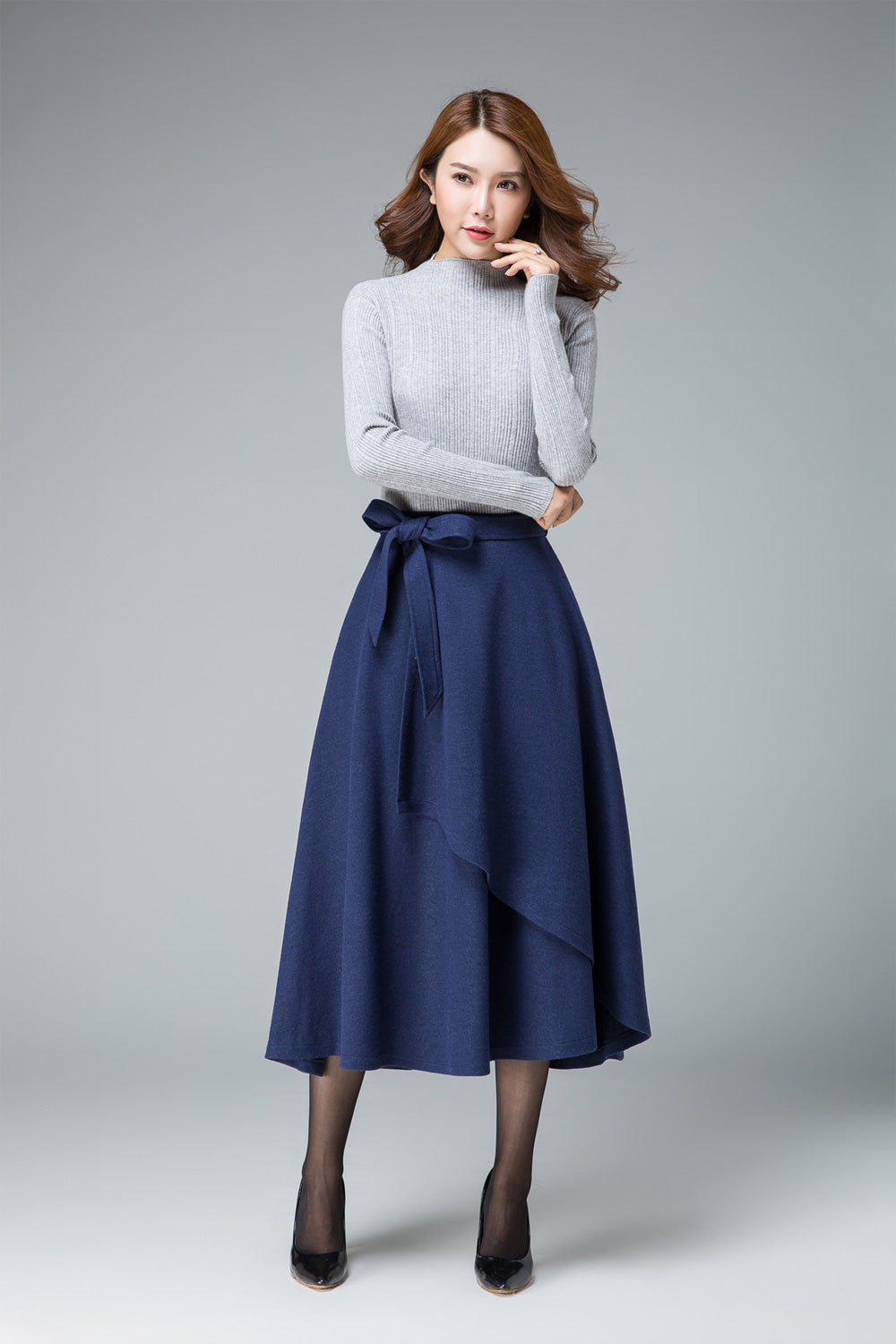 evening skirt, blue skirt, wool skirt, layered skirt, tie belt skirt 1836#