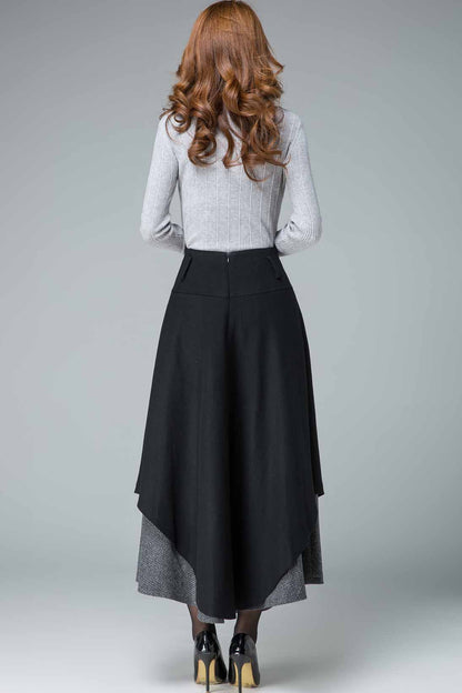 Black Wool Maxi Skirt - Tiered, Fit and Flare Silhouette 1837