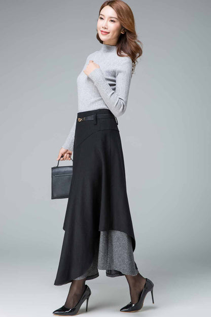 Black Wool Maxi Skirt - Tiered, Fit and Flare Silhouette 1837