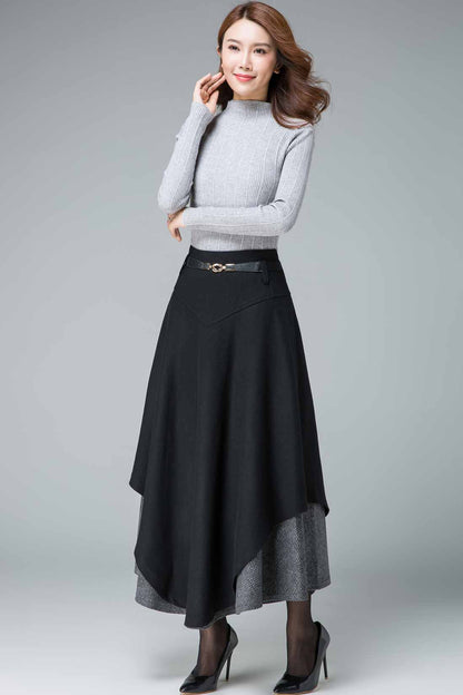 Black Wool Maxi Skirt - Tiered, Fit and Flare Silhouette 1837