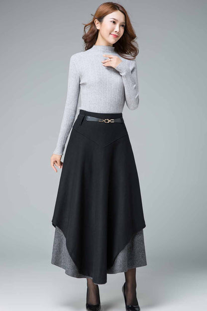 Black Wool Maxi Skirt - Tiered, Fit and Flare Silhouette 1837