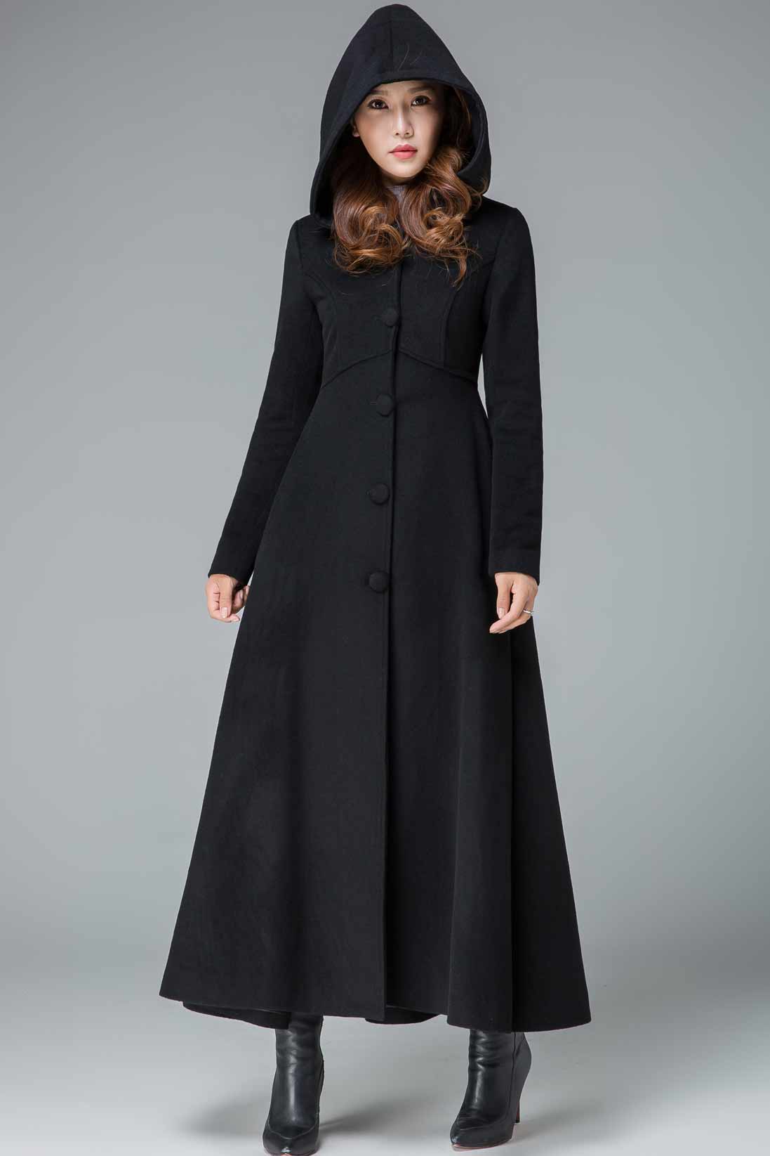 Black Wool Hooded Coat Vintage Maxi Overcoat for Women 1839 Gray / XS Black Wool Hooded Coat Vintage Maxi Overcoat for Women 1839 Gray / XS