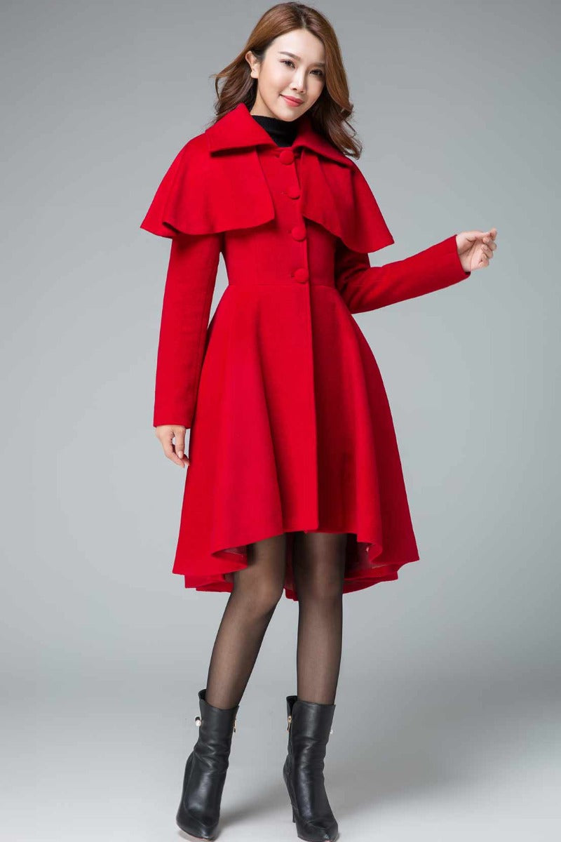 Vintage Inspired Red Cape Wool Coat 1848#