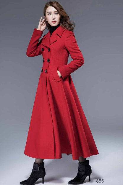 Red Wool Coat – Vintage Double Breasted Swing Maxi Winter Overcoat | Xiaolizi 1856