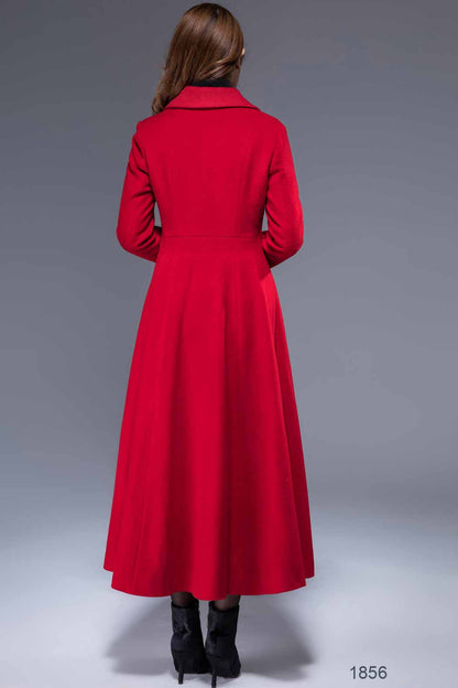 Red Wool Coat – Vintage Double Breasted Swing Maxi Winter Overcoat | Xiaolizi 1856