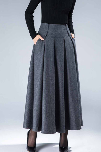 women's vintage pleat maxi wool skirt for winter in grey 1857#