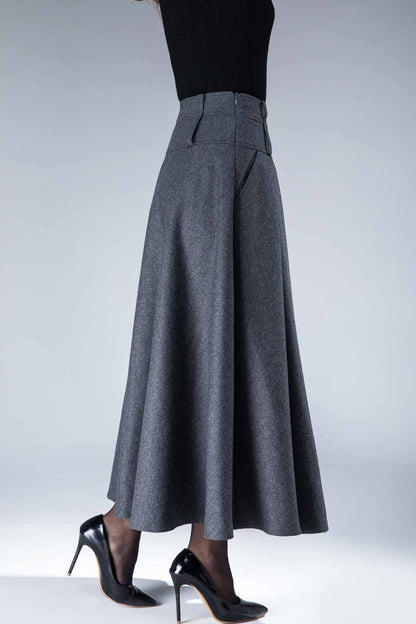 Grey Wool Blend Maxi Skirt - Pleated Vintage A-Line | Xiaolizi 1857