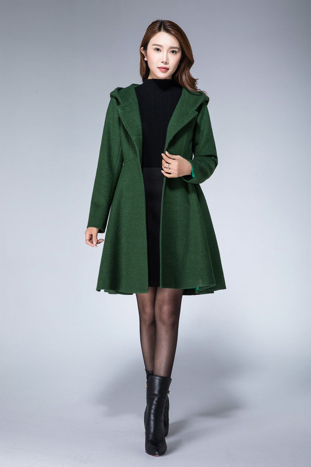 womens short winter coat with warm hood, fit and flare coat 1863