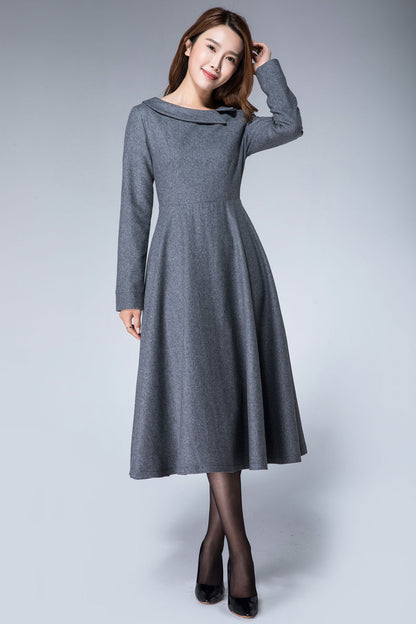 Navy Wool Maxi Dress - Gray Collar Detail, Flared A-Line Silhouette 1611