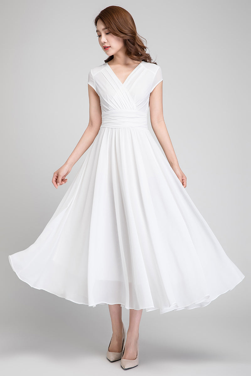 White Chiffon Midi Dress with Empire Waist