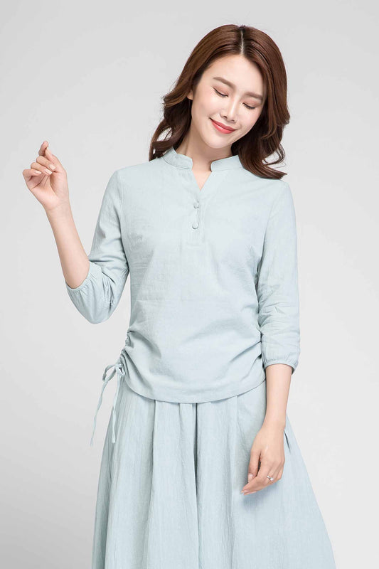 Casual mint linen blouse with 3/4 sleeve 1881#