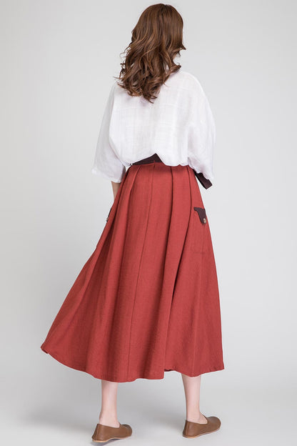 Rust Linen Midi Skirt - High Waisted with Tie Belt 1888