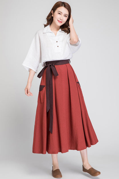 Rust Linen Midi Skirt - High Waisted with Tie Belt 1888