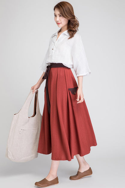 Rust Linen Midi Skirt - High Waisted with Tie Belt 1888