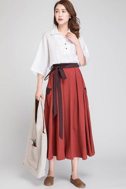Rust Linen Midi Skirt - High Waisted with Tie Belt 1888