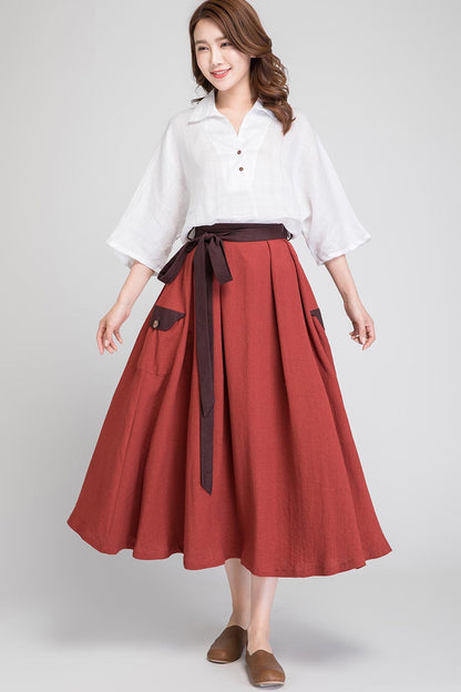 Rust Linen Midi Skirt - High Waisted with Tie Belt 1888