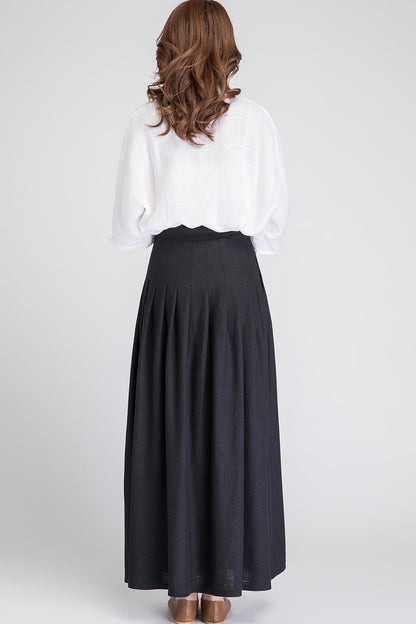 Black Linen Maxi Skirt - High-Waisted Pleated A-Line Skirt 1890