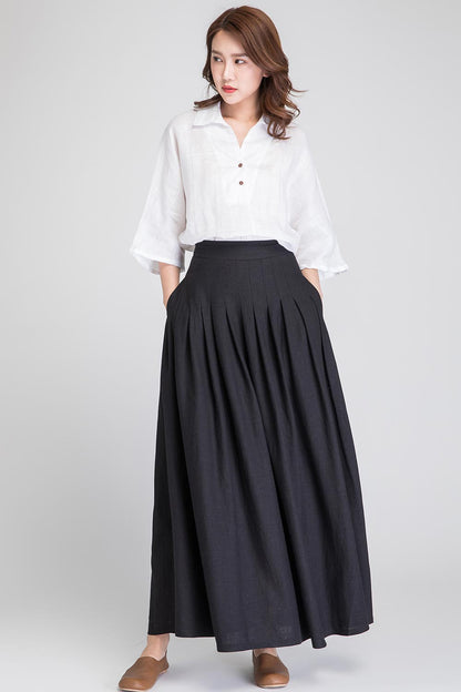 Black Linen Maxi Skirt - High-Waisted Pleated A-Line Skirt 1890