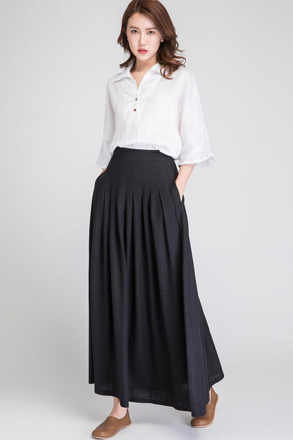 Black Linen Maxi Skirt - High-Waisted Pleated A-Line Skirt 1890