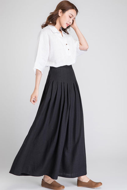 Black Linen Maxi Skirt - High-Waisted Pleated A-Line Skirt 1890