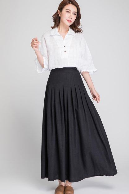 Black Linen Maxi Skirt - High-Waisted Pleated A-Line Skirt 1890