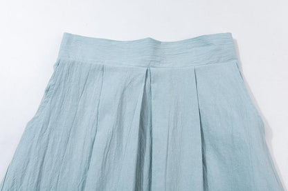 Mint Green Linen Midi Skirt - Elastic Waist with Seam Pockets 1898
