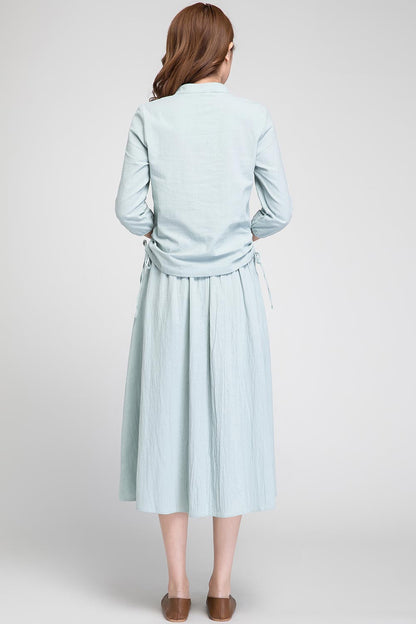 Mint Green Linen Midi Skirt - Elastic Waist with Seam Pockets 1898