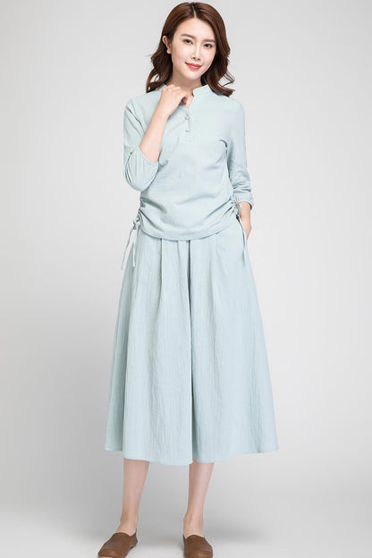 Mint Green Linen Midi Skirt - Elastic Waist with Seam Pockets 1898