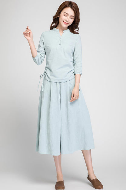 Mint Green Linen Midi Skirt - Elastic Waist with Seam Pockets 1898