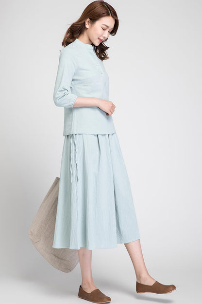 Mint Green Linen Midi Skirt - Elastic Waist with Seam Pockets 1898