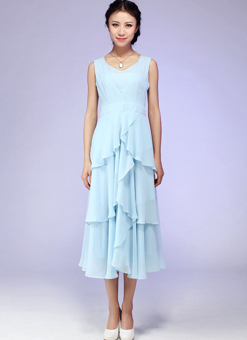 Blue Chiffon Midi Dress with Layered Flowy Silhouette Xiaolizi Blue Chiffon Midi Dress with Layered Flowy Silhouette Xiaolizi