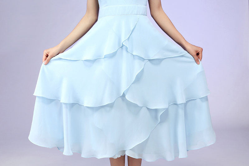 Blue Chiffon Midi Dress with Layered Flowy Silhouette Xiaolizi Blue Chiffon Midi Dress with Layered Flowy Silhouette Xiaolizi