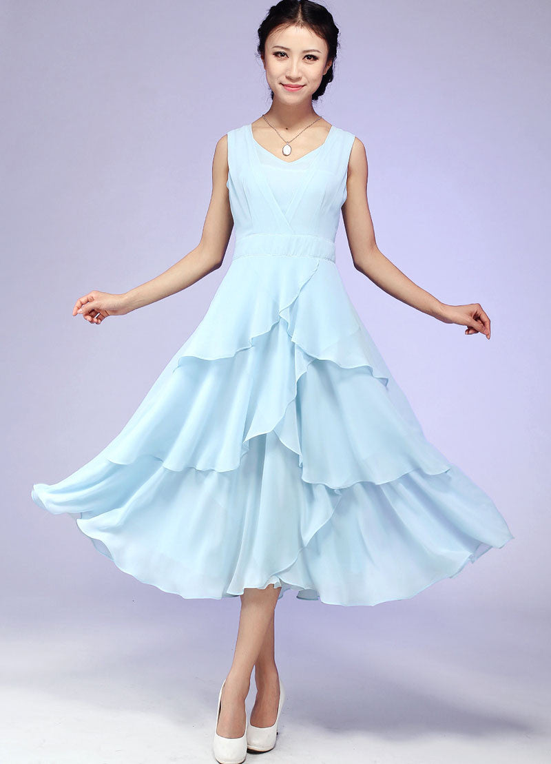 Blue Chiffon Midi Dress with Layered Flowy Silhouette Xiaolizi Blue Chiffon Midi Dress with Layered Flowy Silhouette Xiaolizi