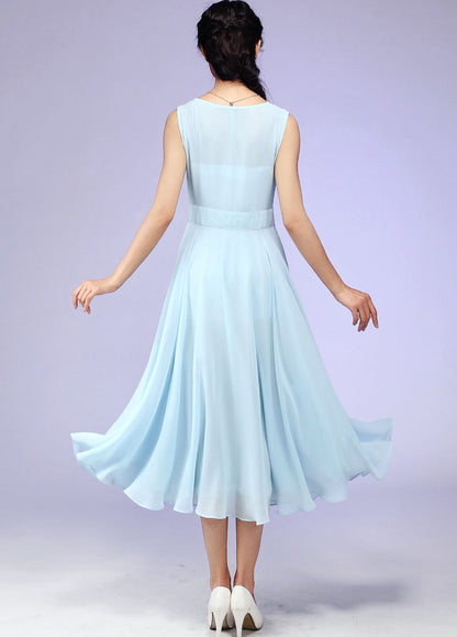 Blue Chiffon Midi Dress - Layered Flowy Sleeveless 582