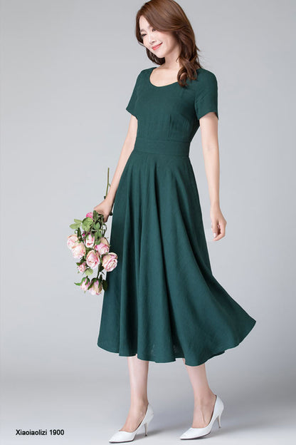 fit and flare linen midi dress, wedding guest dress 1900#