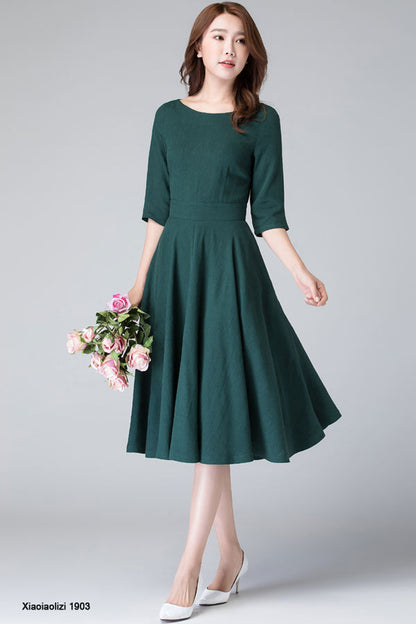 Dark Green Linen Midi Dress – Handmade Fit & Flare Cottagecore Dress with Pockets | Xiaolizi 1903