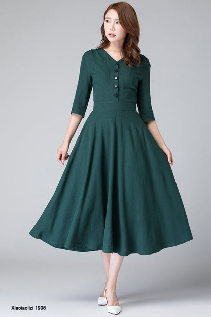 Green Linen Midi Dress - Fitted Waist with Front Buttons 1906