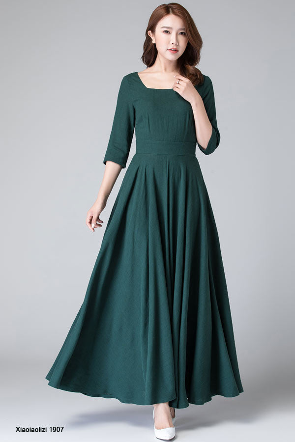 Handmade Dark Green Linen Maxi Dress Square Neck Bridesmaid | Xiaolizi 1907 Emerald Green / Custom order Handmade Dark Green Linen Maxi Dress Square Neck Bridesmaid | Xiaolizi 1907 Emerald Green / Custom order