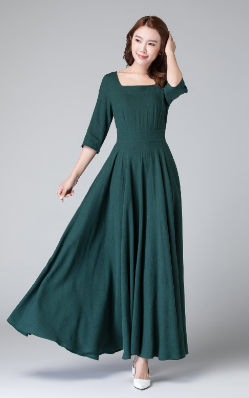 Handmade Dark Green Linen Maxi Dress Square Neck Bridesmaid | Xiaolizi 1907 Emerald Green / Custom order Handmade Dark Green Linen Maxi Dress Square Neck Bridesmaid | Xiaolizi 1907 Emerald Green / Custom order